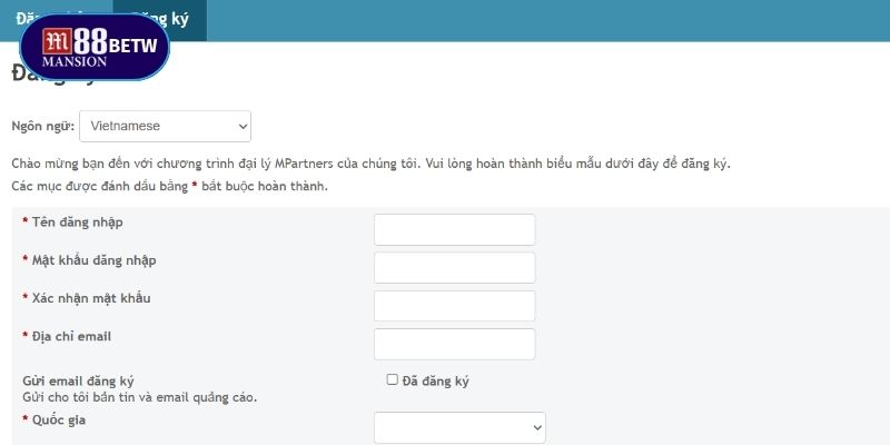 Điền thông tin vào form đăng ký hợp tác cùng M88
